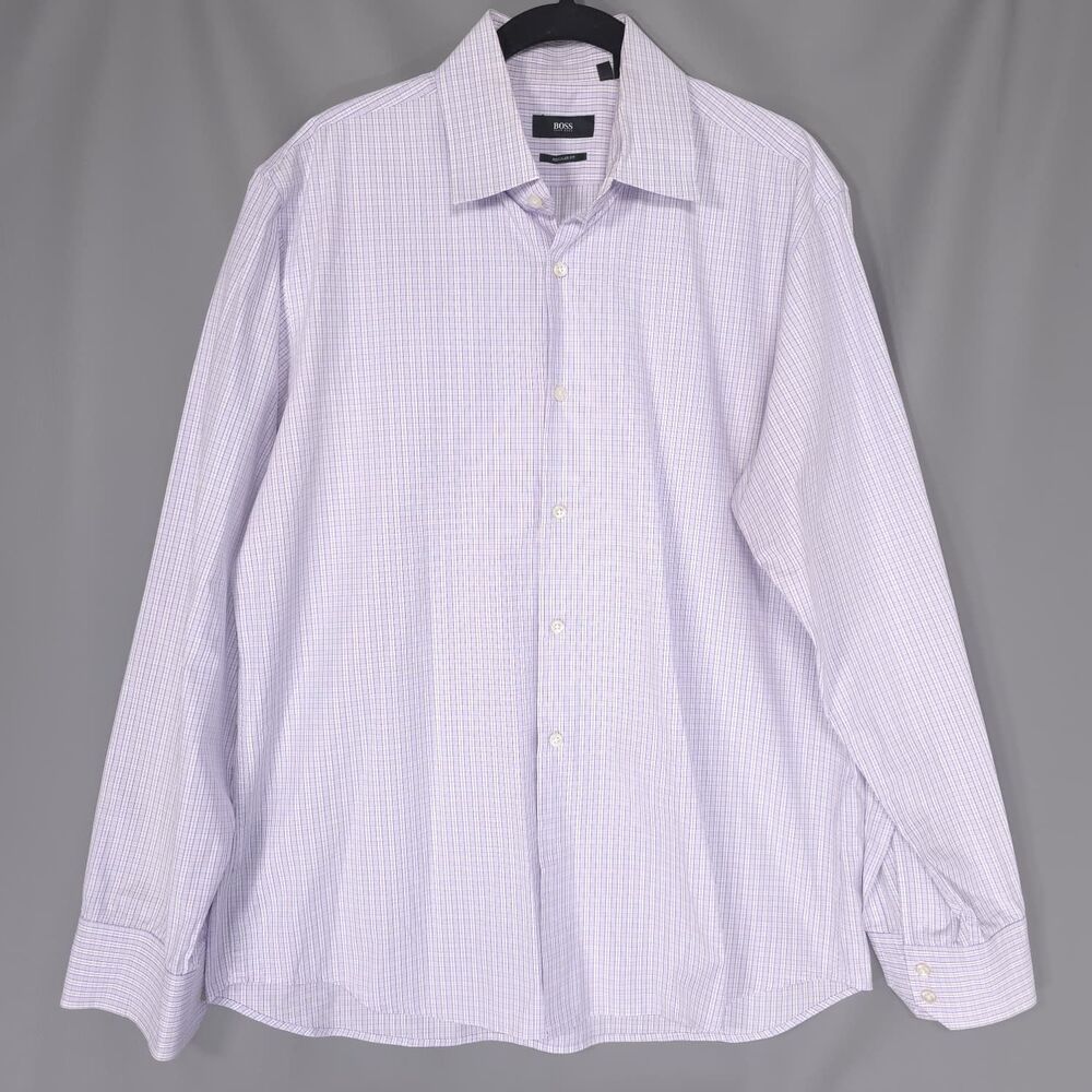 HUGO BOSS Men's Dress Shirt 16.5 Purple Classic Check 100% Cotton Regular Fit